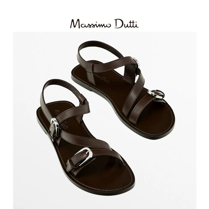 Massimo Dutti2026春夏新品女鞋真皮棕色金属扣饰交叉带平底凉鞋