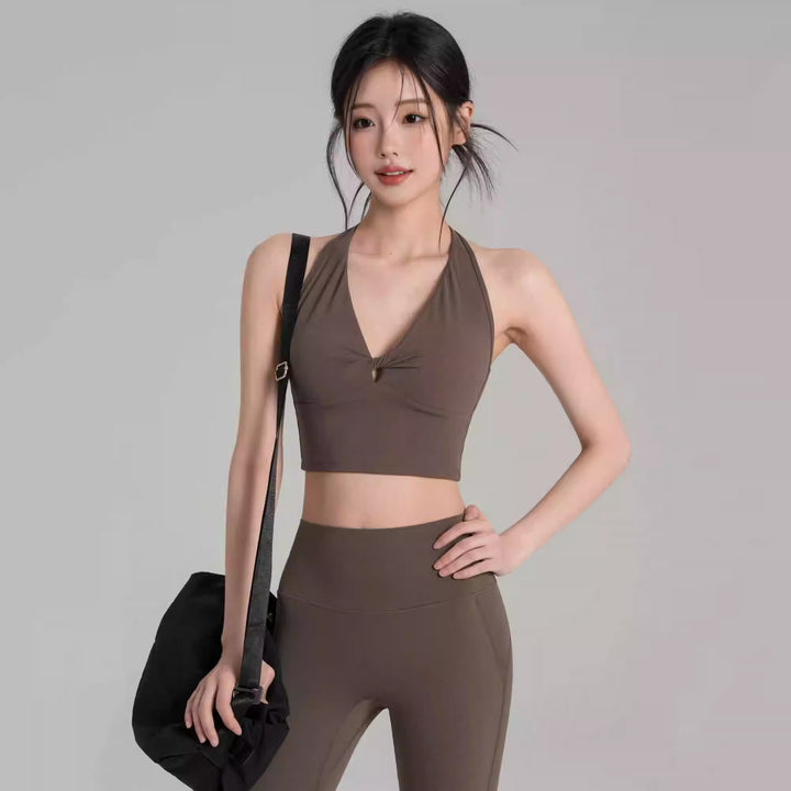 性感V领扭结防震运动内衣女挂脖式普拉提瑜伽背心跑步健身服美背