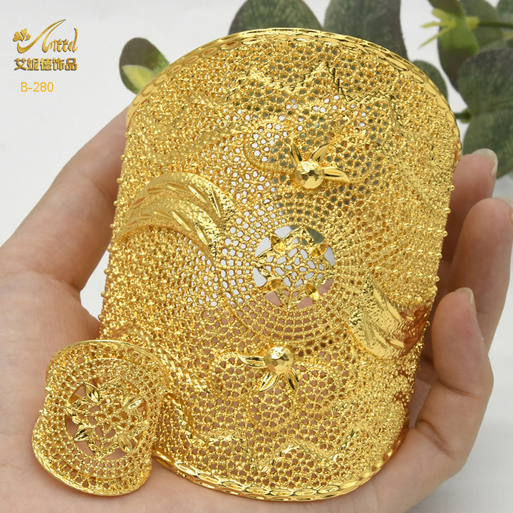 开口铜手镯戒指套装迪拜镂空雕刻镀金饰品新娘沙金手饰厂家直销
