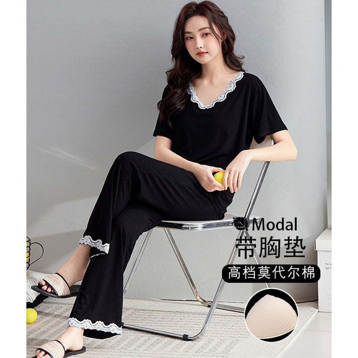 莫代尔睡衣女带胸垫短袖短裤夏季V领蕾丝宽松套头大码家居服套装