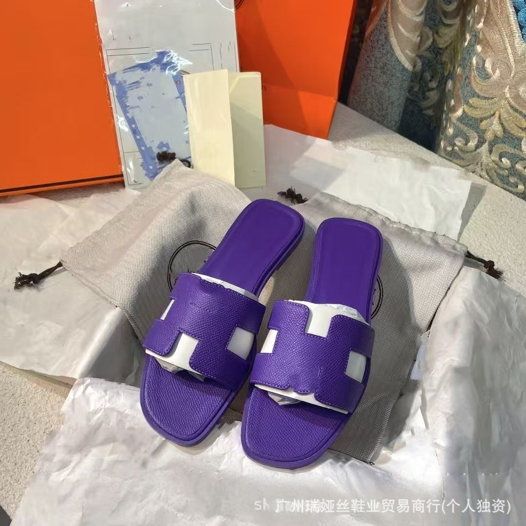 外贸批发经典H女鞋平底居家一字平跟沙滩休闲凉鞋外穿百搭泡沫