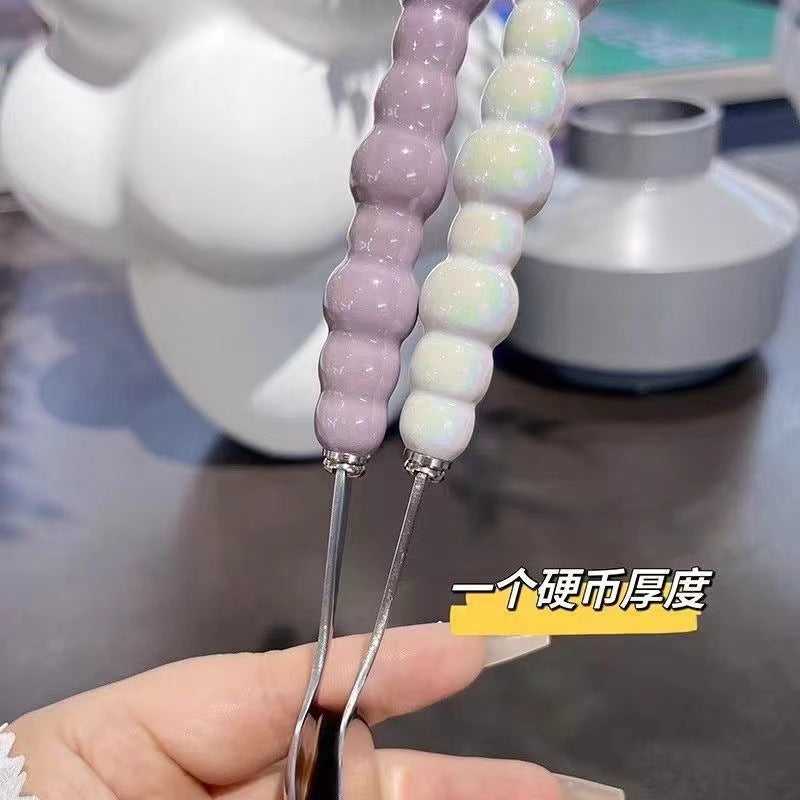 彩色珍珠勺不锈钢勺子塑料手柄餐勺少女心家用调羹小汤勺长柄圆勺