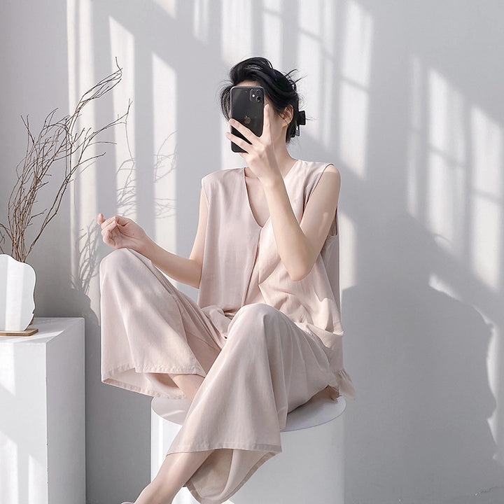 2026新款棉绸睡衣女春夏季带胸垫纯色大码无袖背心长裤家居服套装