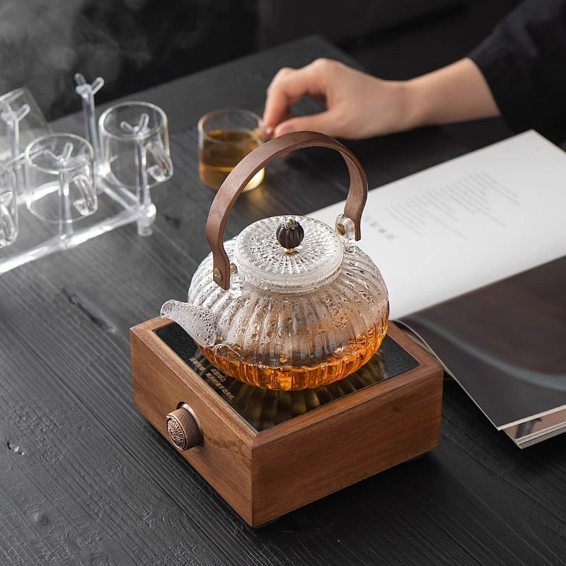 电陶炉胡桃木煮茶炉围炉煮茶器玻璃烧水壶家用电热茶炉茶具泡茶炉