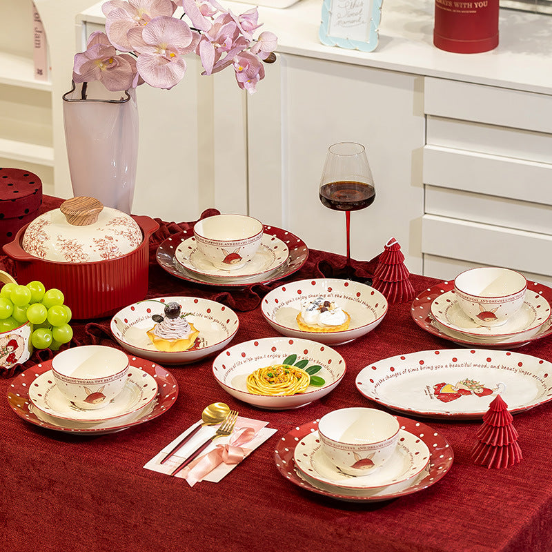 KANGMO Vintage Style Ceramic Dining Set - Red Bowls Plates & Chopsticks Housewarming