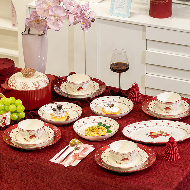 KANGMO Vintage Style Ceramic Dining Set - Red Bowls Plates & Chopsticks Housewarming