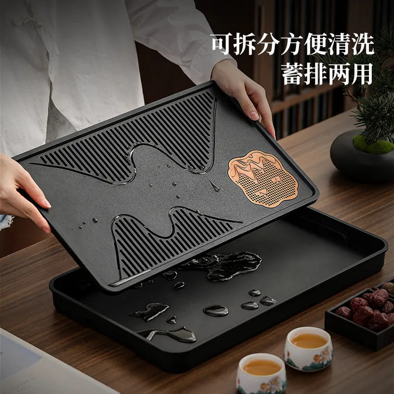 A类仿乌金石方形蓄水茶盘套装防霉家用办公茶台沥水茶具排水托盘