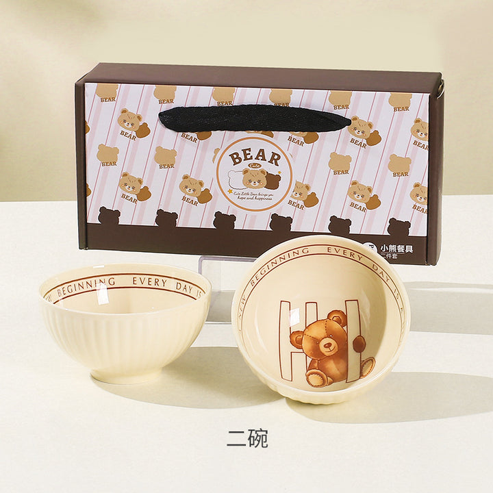 卡通奶油熊碗套装加印logo陶瓷餐具礼品创意手绘碗筷套装婚庆回礼