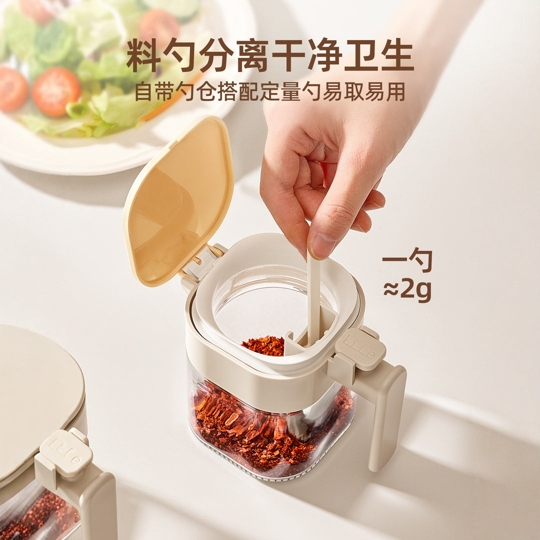 勺仓分离调料罐密封防潮调料盒厨房家用盐罐收纳盒玻璃调味瓶罐子