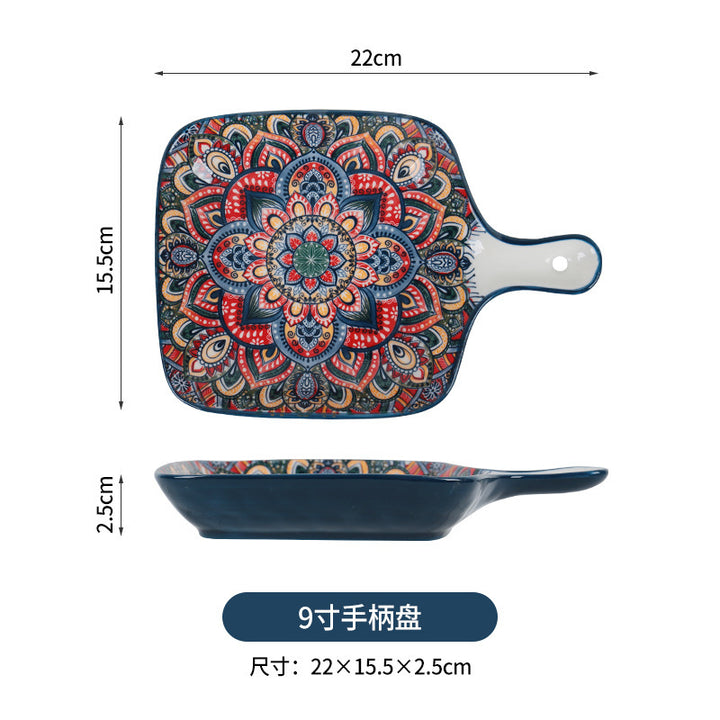 跨境波西米亚陶瓷餐具创意家用釉下彩饭碗汤碗手柄盘烤盘餐具套装