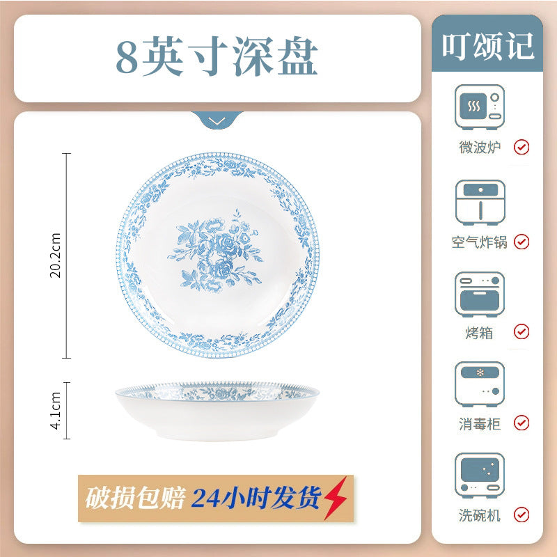 KANGMO Vintage Blue Floral Ceramic Set - Premium Rice Bowls & Soup Noodle Bowls