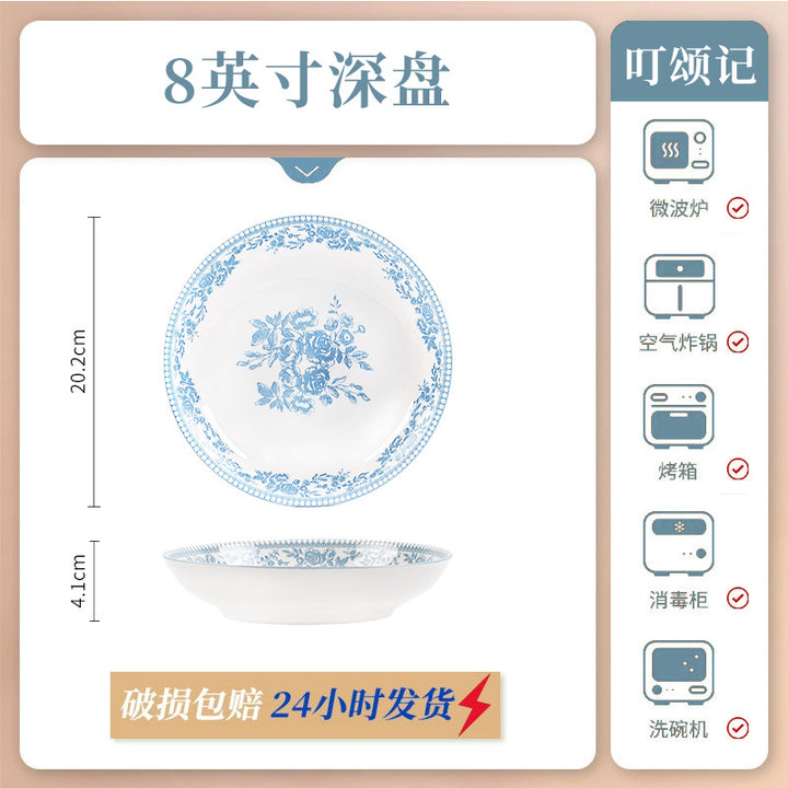 KANGMO Vintage Blue Floral Ceramic Set - Premium Rice Bowls & Soup Noodle Bowls