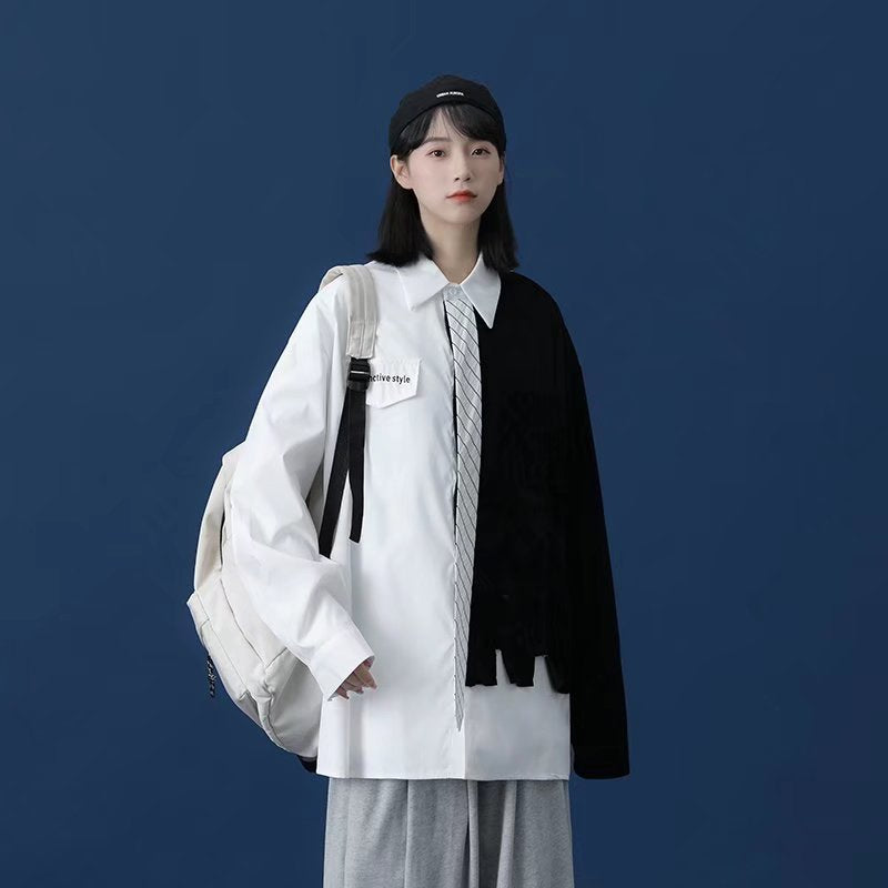 春季新款长袖衬衫男设计感小众港风痞帅炸街dk制服男假两件衬衣