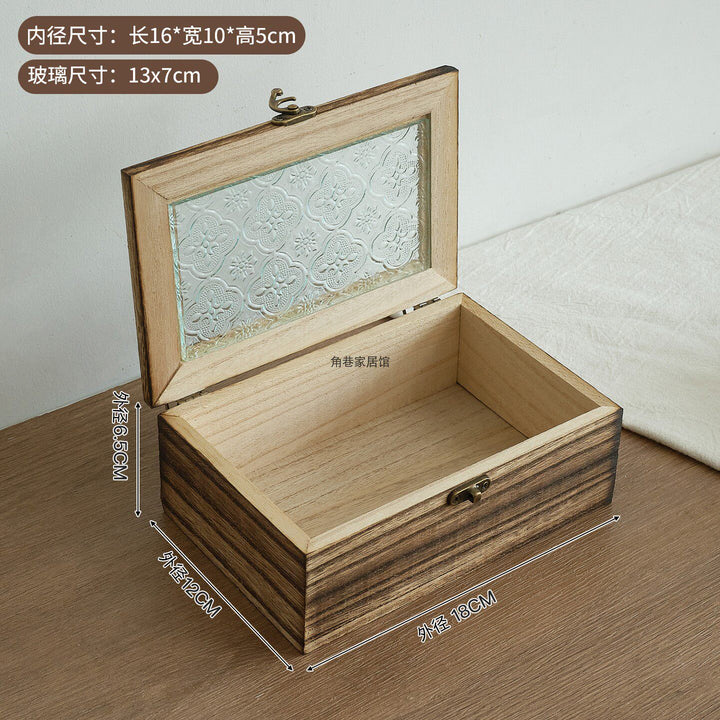 木质首饰盒复古杂物储物箱家用桐木防尘翻盖海棠花玻璃桌面收纳盒