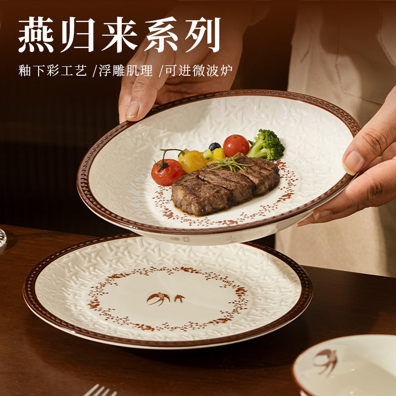 Bowl & Plate Tableware Set Embossed Plate Underglaze Ceramic Bowl Plate Home Bowl & Plate Small Bowl