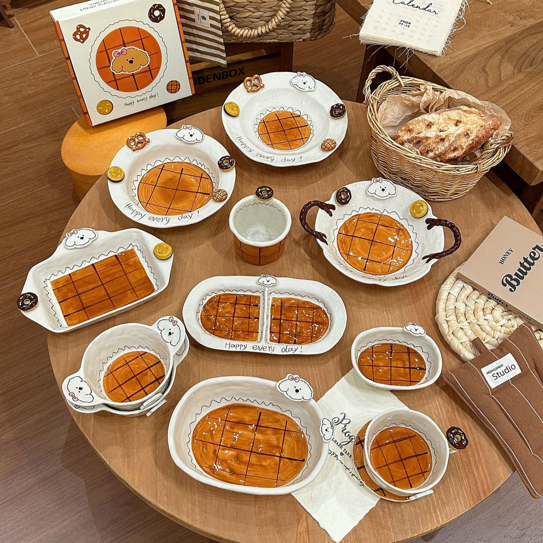 焦糖小狗餐具家用釉下彩陶瓷碗盘套装特别好看的盘子西餐盘分格盘
