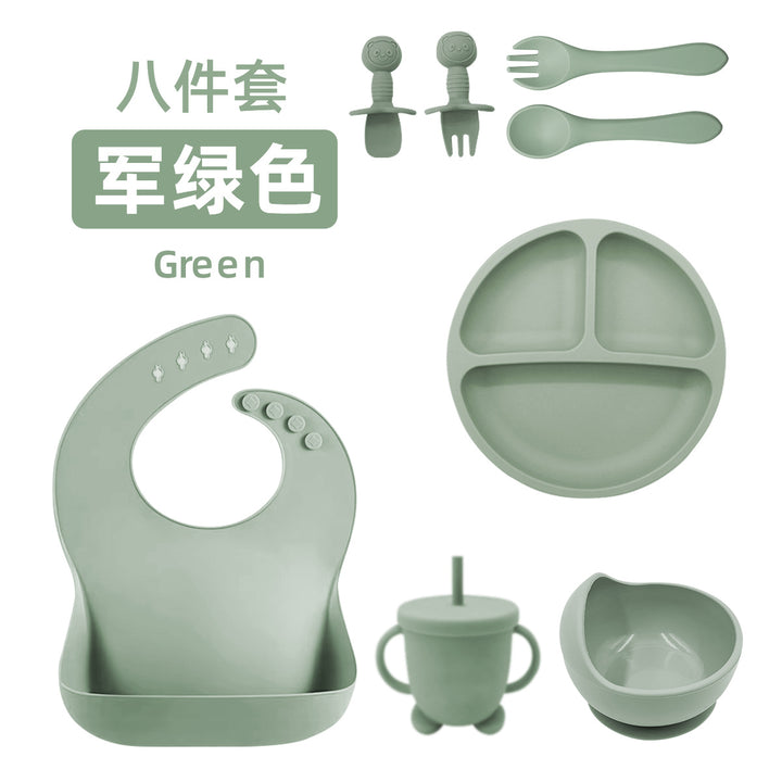 新品婴儿食品级硅胶餐具套装辅食八件套婴幼儿吸盘式围兜勺子餐具