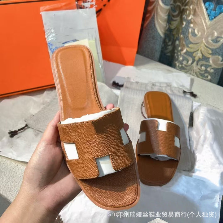 外贸批发经典H女鞋平底居家一字平跟沙滩休闲凉鞋外穿百搭泡沫