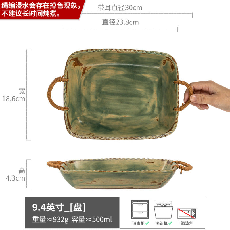 麻绳双耳粗陶碗复古做旧草帽碗意面碗家用面碗日式汤菜碗餐具批发