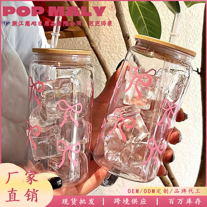 新款2025少女ins蝴蝶结塑料杯便携随手牛奶杯上学桌面杯