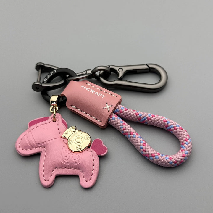 Lucky Wealth Cartoon Car Keychain – Handmade Leather Woven Rope Bag Charm
