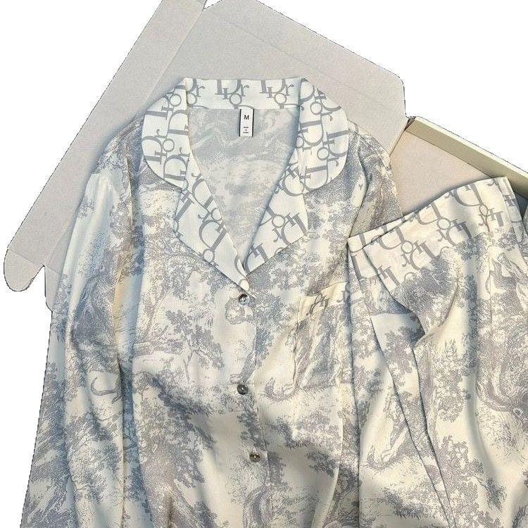 ins网红睡衣女春秋凉感冰丝可外穿高级感家居服奢华长袖夏天套装
