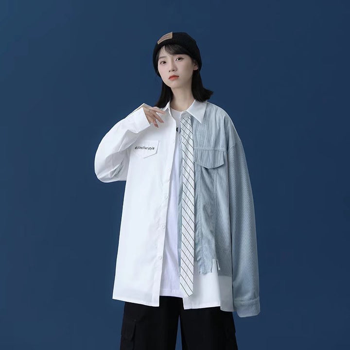 春季新款长袖衬衫男设计感小众港风痞帅炸街dk制服男假两件衬衣