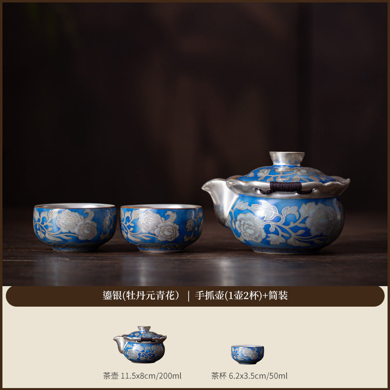 999鎏银 元青花手抓壶功夫茶具高档一壶两杯送长辈父亲老师伴手礼