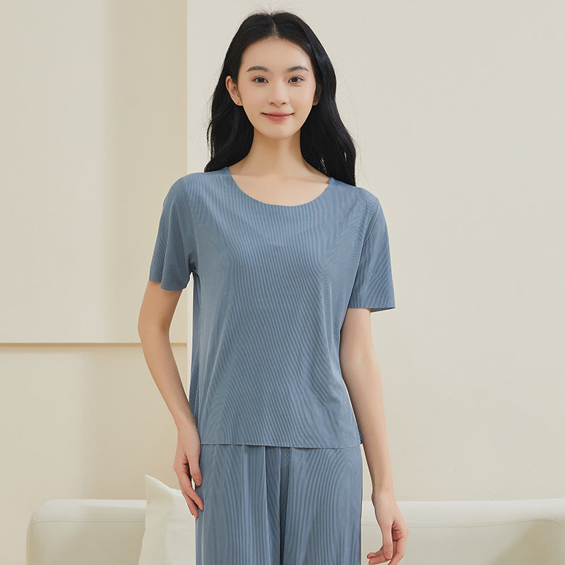 凉感冰丝睡衣情侣春夏天薄款短袖大码休闲无痕纯色家居服套装批发
