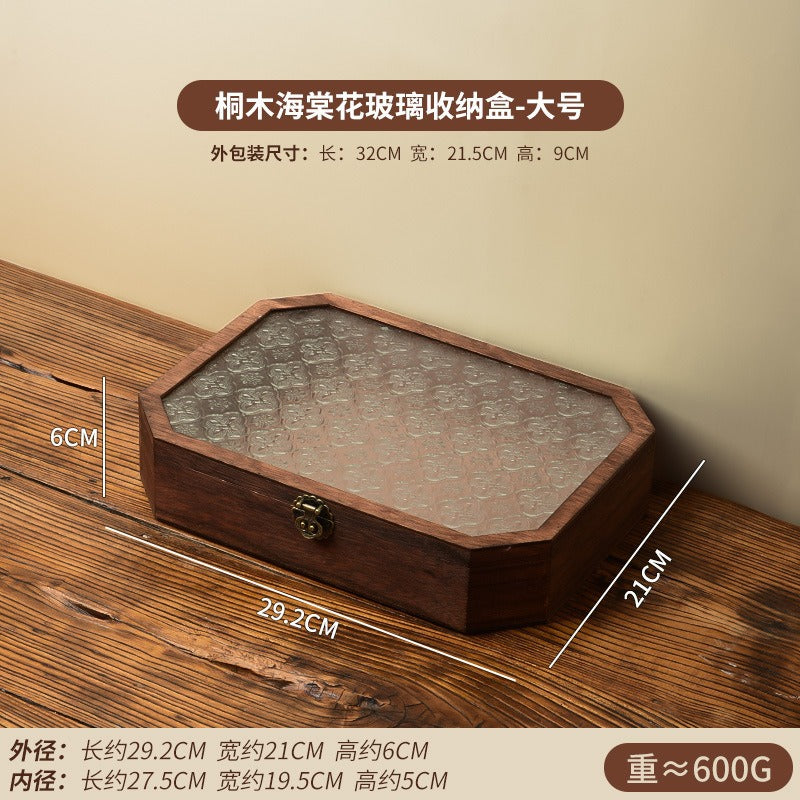 木质海棠花玻璃化妆品收纳盒桌面摆设复古风八边型翻盖防尘木盒