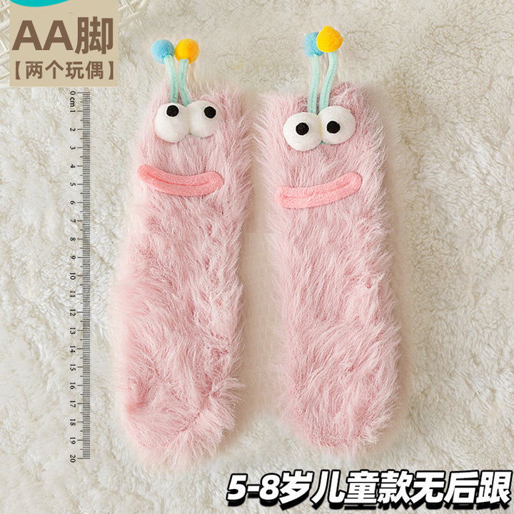 丑萌搞怪袜子女中筒袜秋冬地板睡眠袜珊瑚绒家居毛毛茸茸可爱保暖