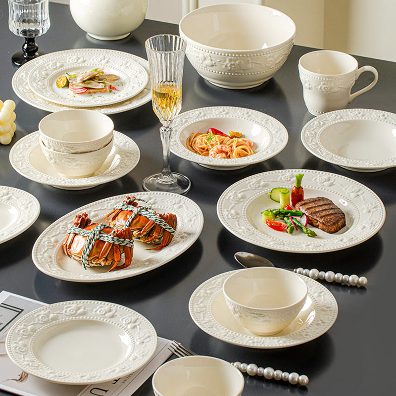 Bowl & Plate Tableware Set Embossed Plate Ceramic Bowl Plate Premium Feel French