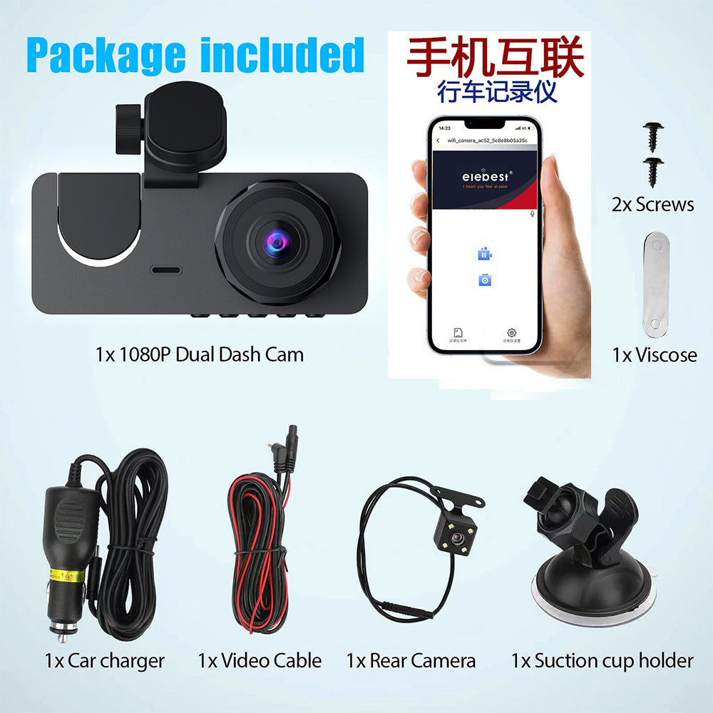 HD Rear View 3-Lens Car Dash Cam – Phone Connected Vehicle Recorder