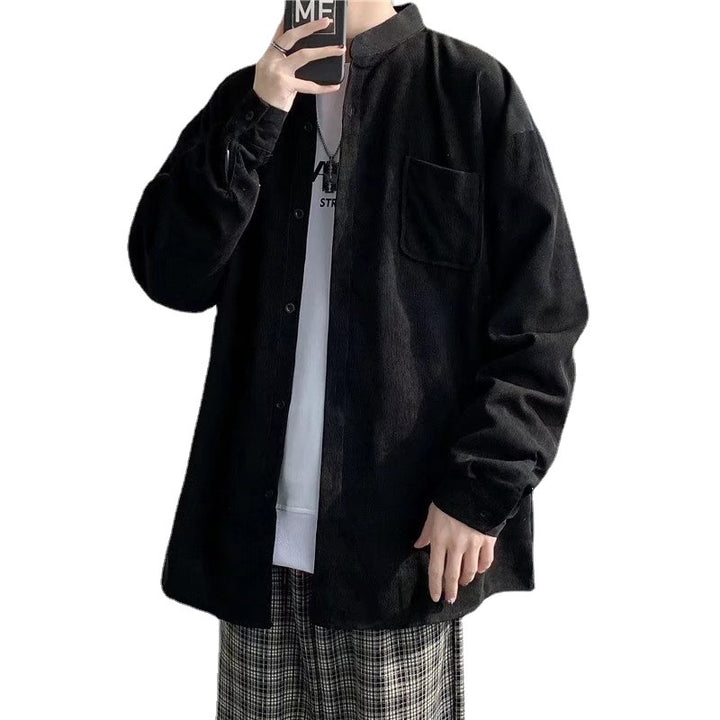 男士灯芯绒衬衫2022年新款港风潮流宽松日系复古黑色休闲衬衣外套