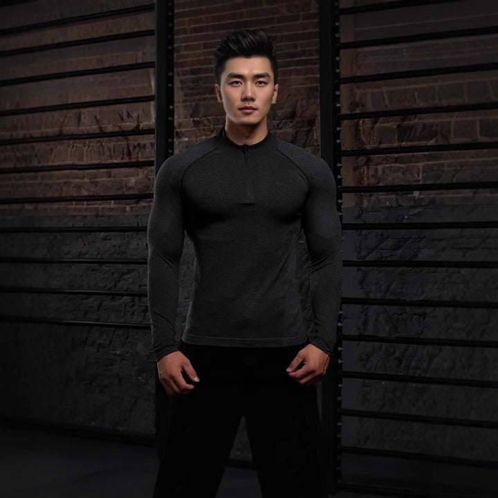 American Seamless Jacquard Zipper Long Sleeve Training Top - Quick Dry Muscle Fit