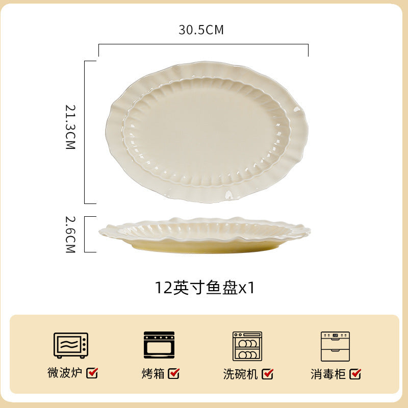 釉下彩奶油风陶瓷饭碗清新碗碟套装家用鱼菜盘汤碗面碗米饭碗