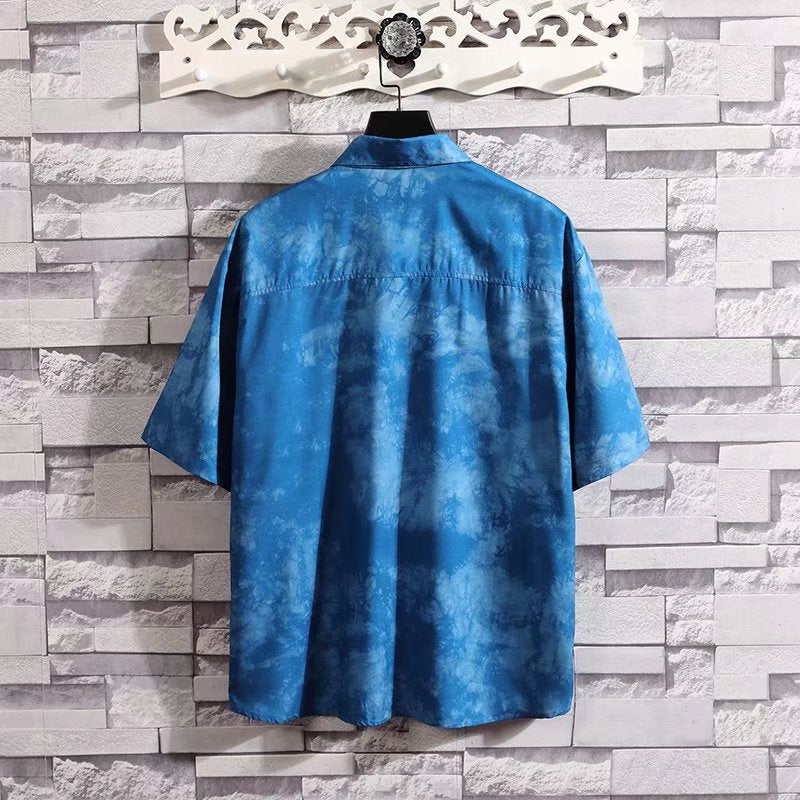 潮牌扎染短袖衬衫男夏季新款ins港风宽松弹力五分袖情侣百搭上衣