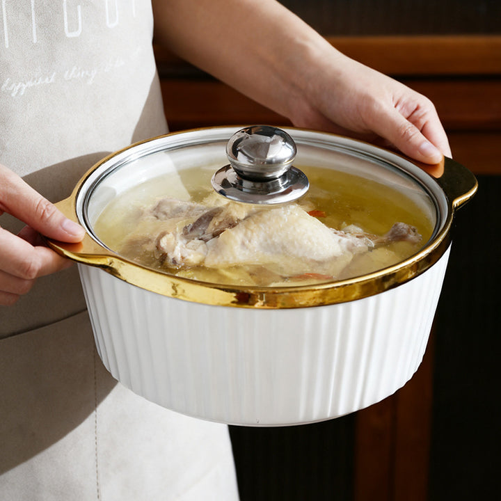 Gold Rim Large Soup Tureen with Lid – European Style Double Handle Serving Bowl