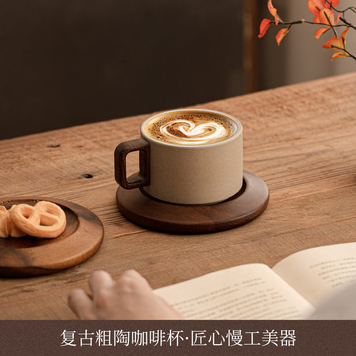 陶土咖啡杯中古风花茶马克杯咖啡杯套装木杯垫送人客户伴手礼logo