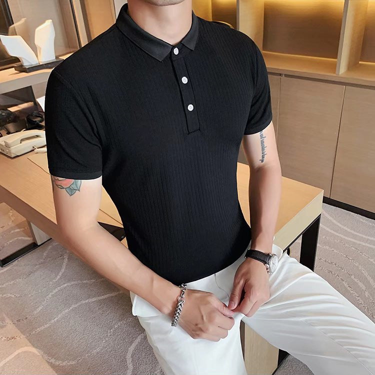 2022年夏季冰丝Polo衫男短袖针织衫韩版修身翻领休闲t恤半袖上衣