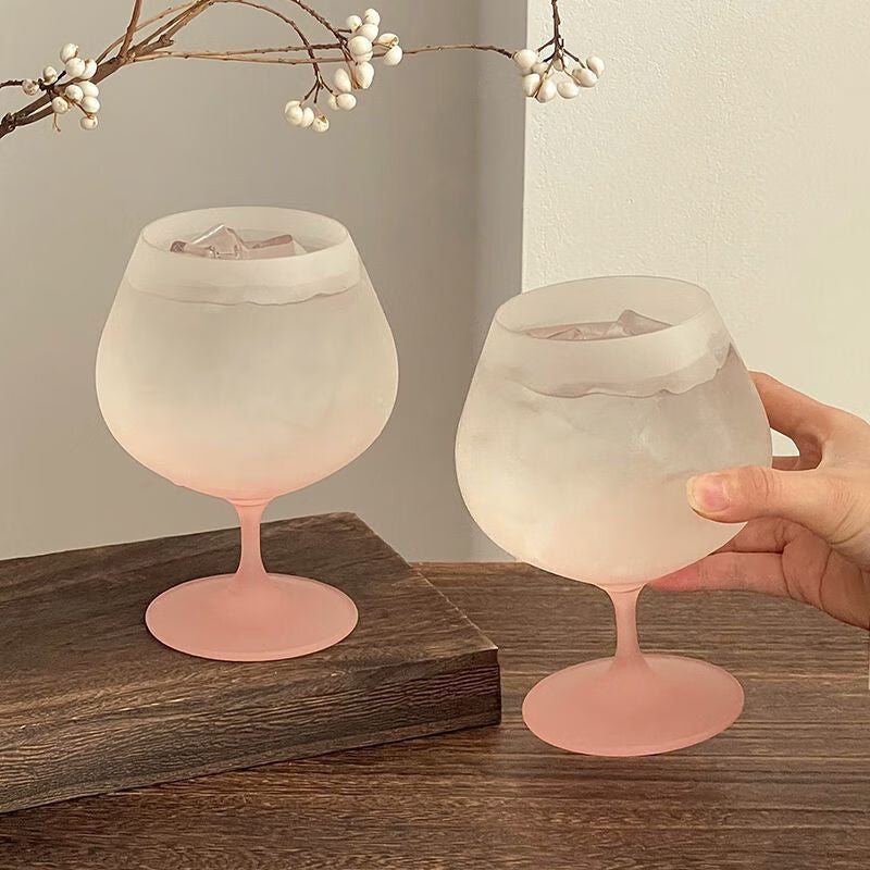Gradient Pink Frosted Glass Wine Cup – French Style High-Stem Red Wine & Champagne Glass