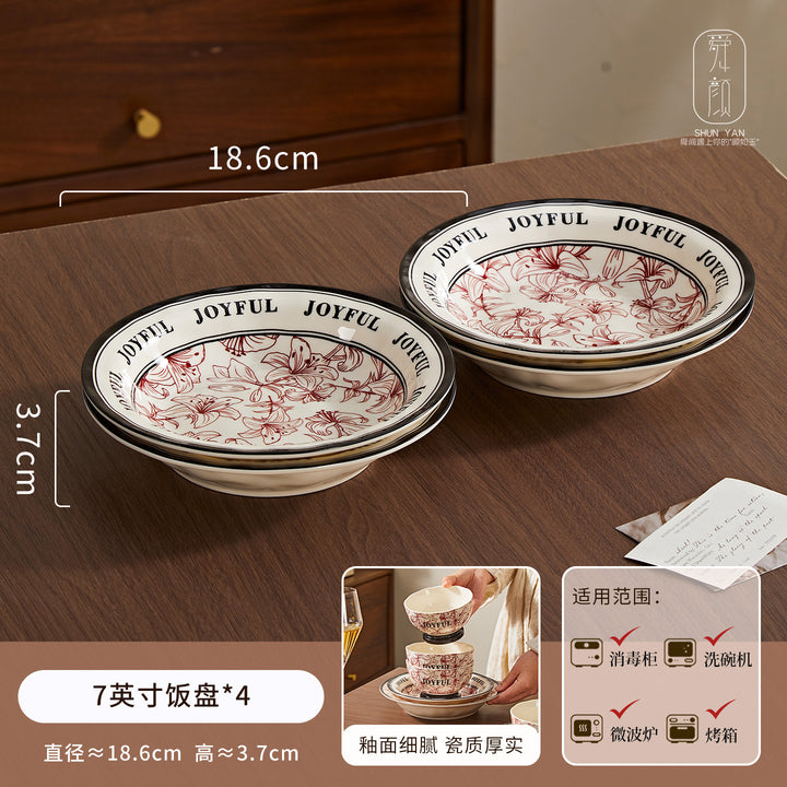 2026新款花悦时光复古高级感釉下彩陶瓷饭碗家用碗碟套装碗盘DIY