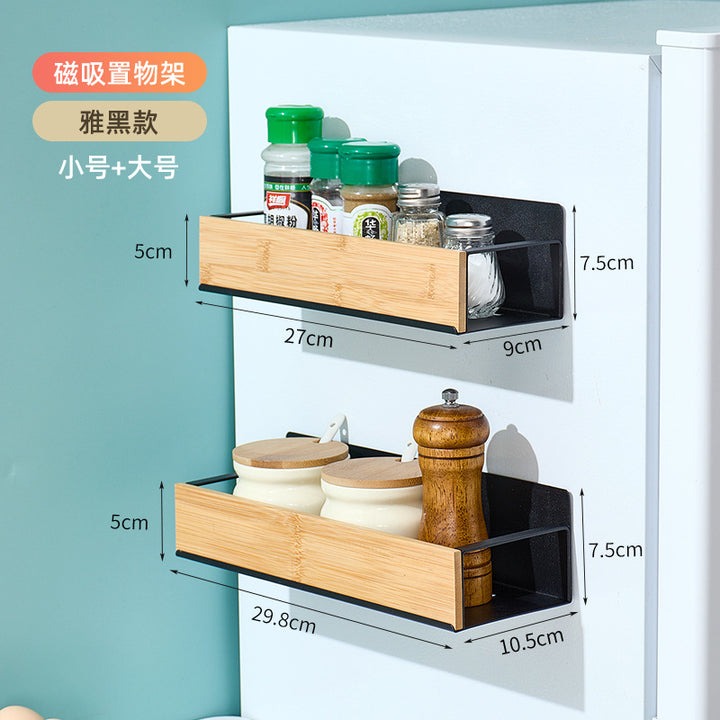 跨境厨房壁挂式竹木置物架磁吸式冰箱架侧挂收纳架免打孔调料架盒
