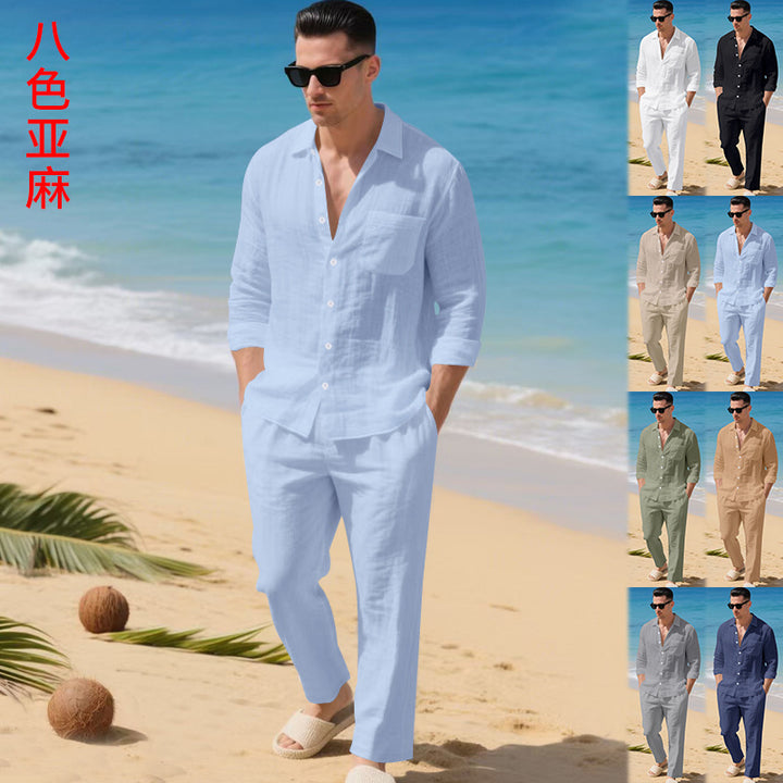 新款跨境欧美TK亚马逊男士新款亚麻纯色翻领系扣长袖长裤男士套装