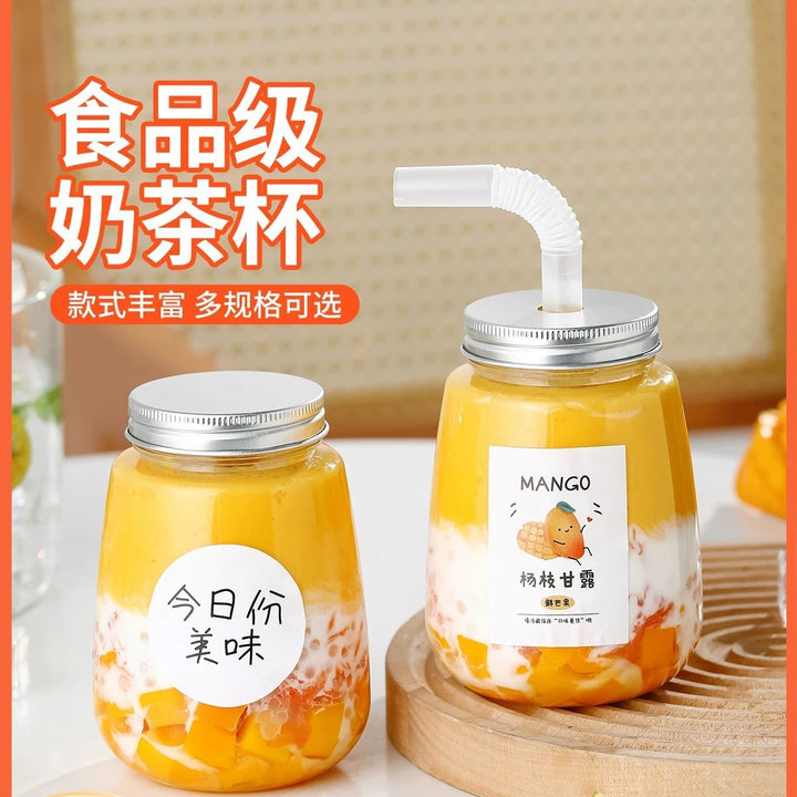 奶茶杯一次性带盖杨枝甘露瓶子胖胖杯U形大肚杯果汁冷饮塑料瓶pet