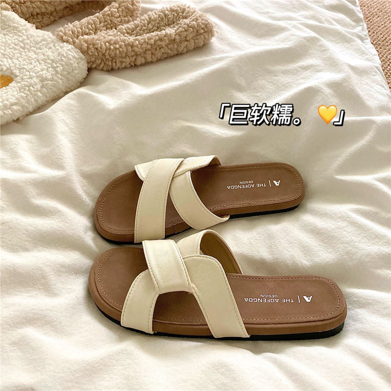日常百搭软底不累脚交叉一字拖配裙子平底沙滩凉鞋夏季外穿