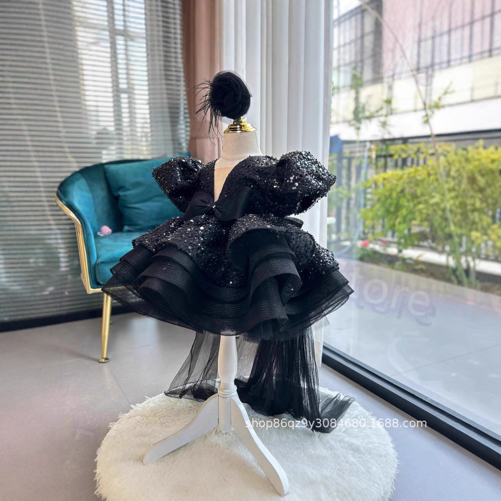 儿童紫色短款礼服亚马逊独立站亮片蓬蓬裙时尚款生日派对公主裙