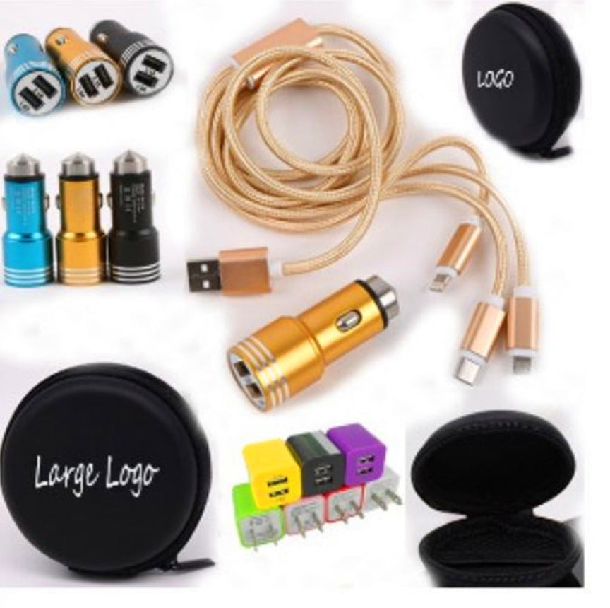 Car Cigarette Lighter Charger Travel Kit - 3-in-1 Braided Cable, USB Charger & Earphone Set