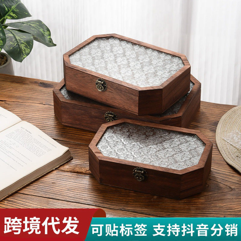 木质海棠花玻璃化妆品收纳盒桌面摆设复古风八边型翻盖防尘木盒