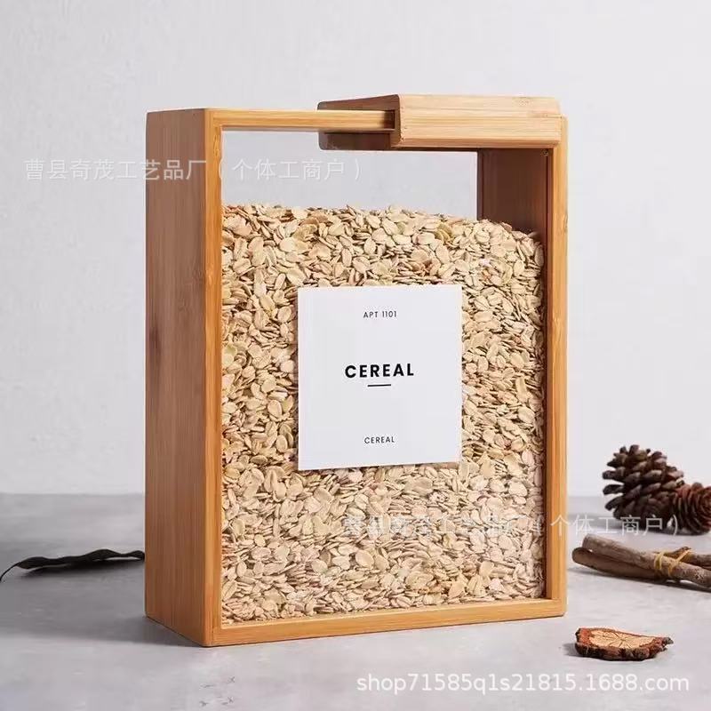 木质多用途谷物收纳盒方形五谷杂粮储物盒竹制滑盖食品储存箱